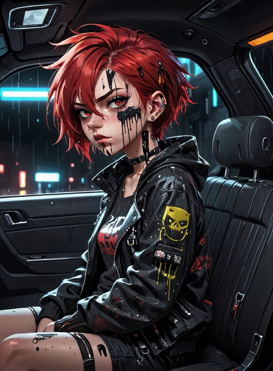 anime teenage girl on the backseat of a cyberpunk car, teary eyes, teenage outfit, black and red hair, serious fashion style, dark theme style, punk style, short hair, black background, black paint dripping heavily from eyes and mouth