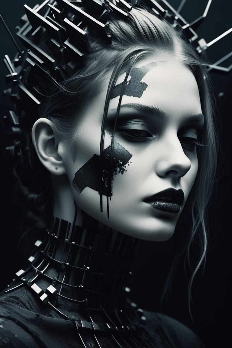 glitch girl,  by Anna Dittmann,  cgsociety,  gothic art,  dystopian art,  detailed painting,  behance hd,  deep photography,  Ilford HP5 film,  crushed blacks,  depth of field,  dark photo,  film grain,  shadows,  natural light