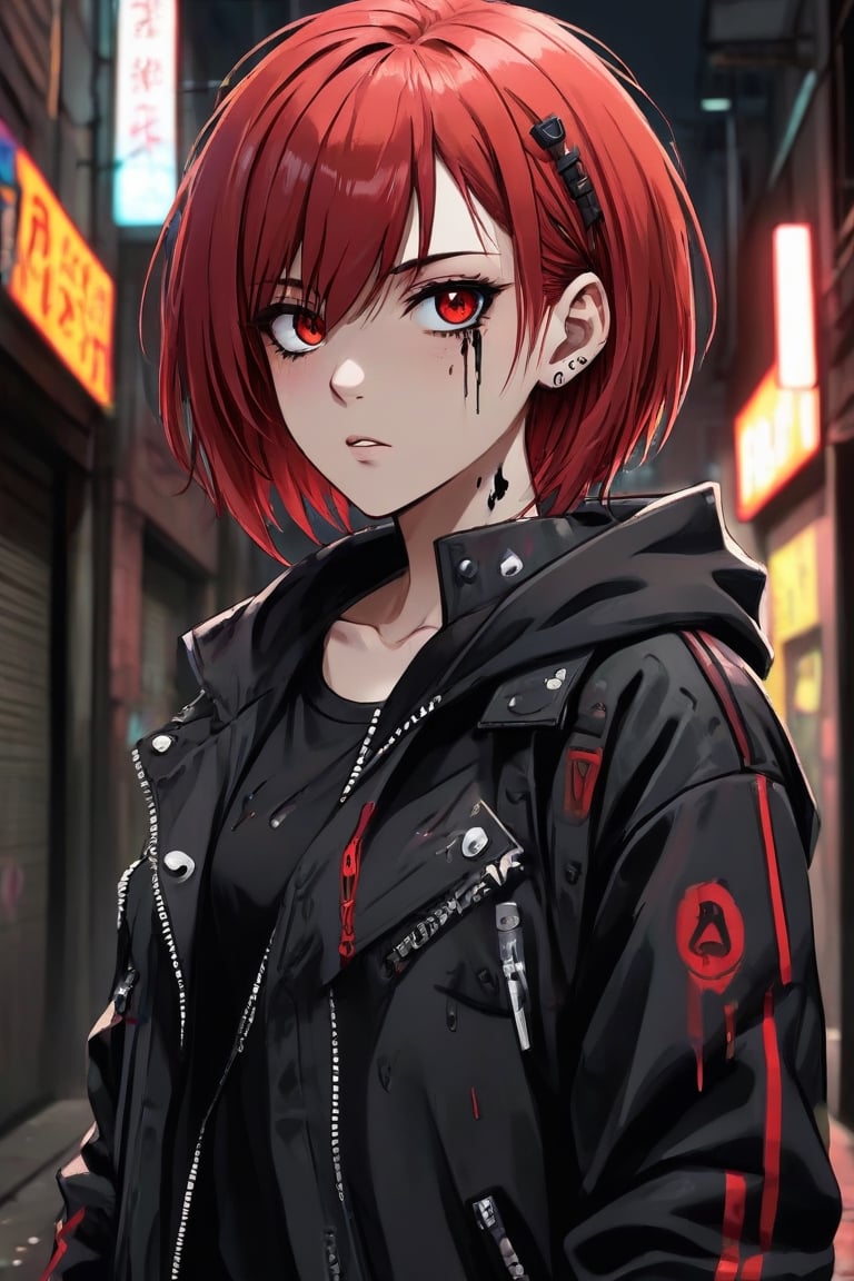 anime teenage girl on a cyberpunk bacstreet alley, teary eyes, teenage outfit, black and red hair, serious fashion style, dark theme style, punk style, short hair, black background, black paint dripping heavily from eyes and mouth