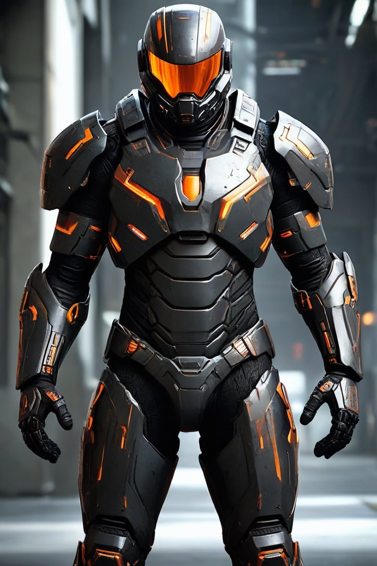 A digital illustration of a futuristic soldier in ultra-high-definition, featuring an ultra-realistic and ultra-detailed armored suit. The armor is predominantly black with orange accents, highlighting its intricate design. The helmet has a reflective visor and the suit includes various panels and layers that suggest advanced technology. The soft anisotropic filtering adds a realistic texture to the materials, while the hypersharp feature brings out the fine details, making the armor appear tangible. The overall quality is comparable to a high-resolution National Geographic photograph, and the artwork would trend on ArtStation for its impressive details and realism.