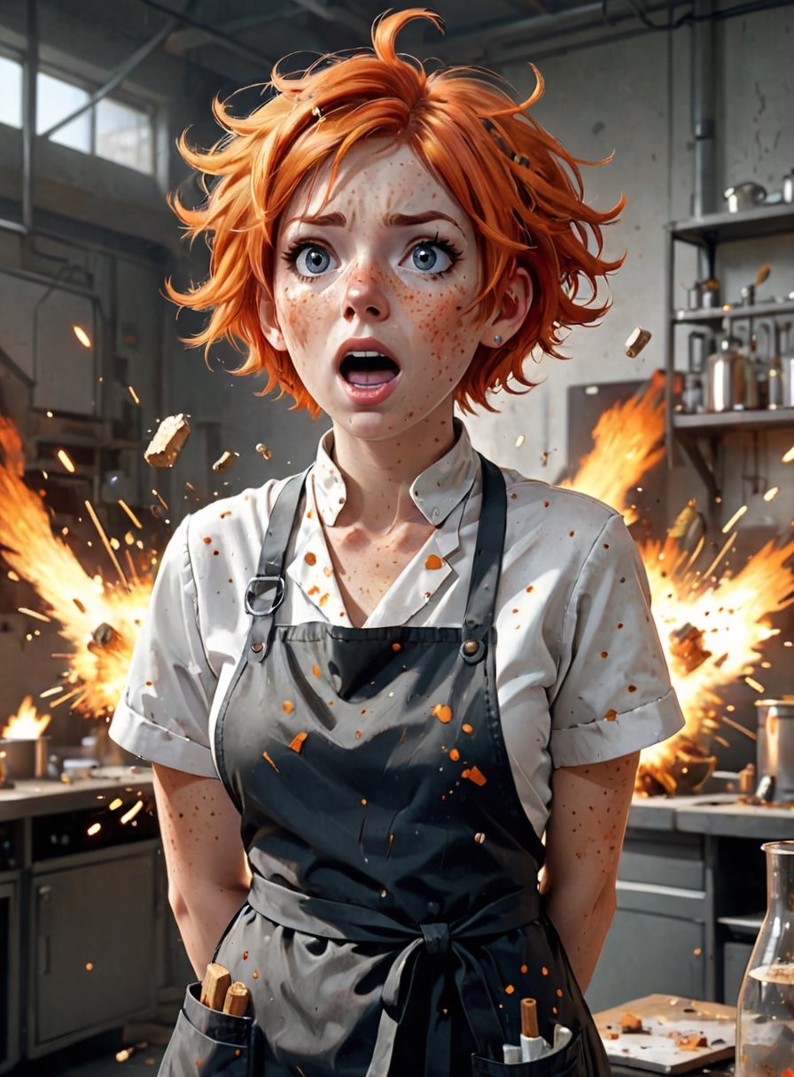 high quality, 8K Ultra HD, woman, daytime, detailed face, messy short hair, orange hair, perplexed, beautiful, elegent, with laboratory apron, freckled, surprised by the explosion, physics, freckled woman, torn apron