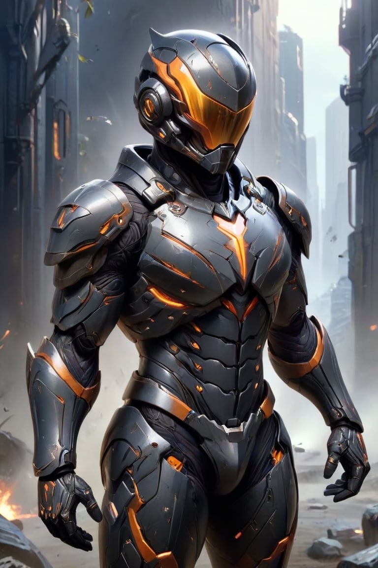 A digital illustration of a futuristic soldier in ultra-high-definition, featuring an ultra-realistic and ultra-detailed armored suit. The armor is predominantly black with orange accents, highlighting its intricate design. The helmet has a reflective visor and the suit includes various panels and layers that suggest advanced technology. The soft anisotropic filtering adds a realistic texture to the materials, while the hypersharp feature brings out the fine details, making the armor appear tangible. The overall quality is comparable to a high-resolution National Geographic photograph, and the artwork would trend on ArtStation for its impressive details and realism.