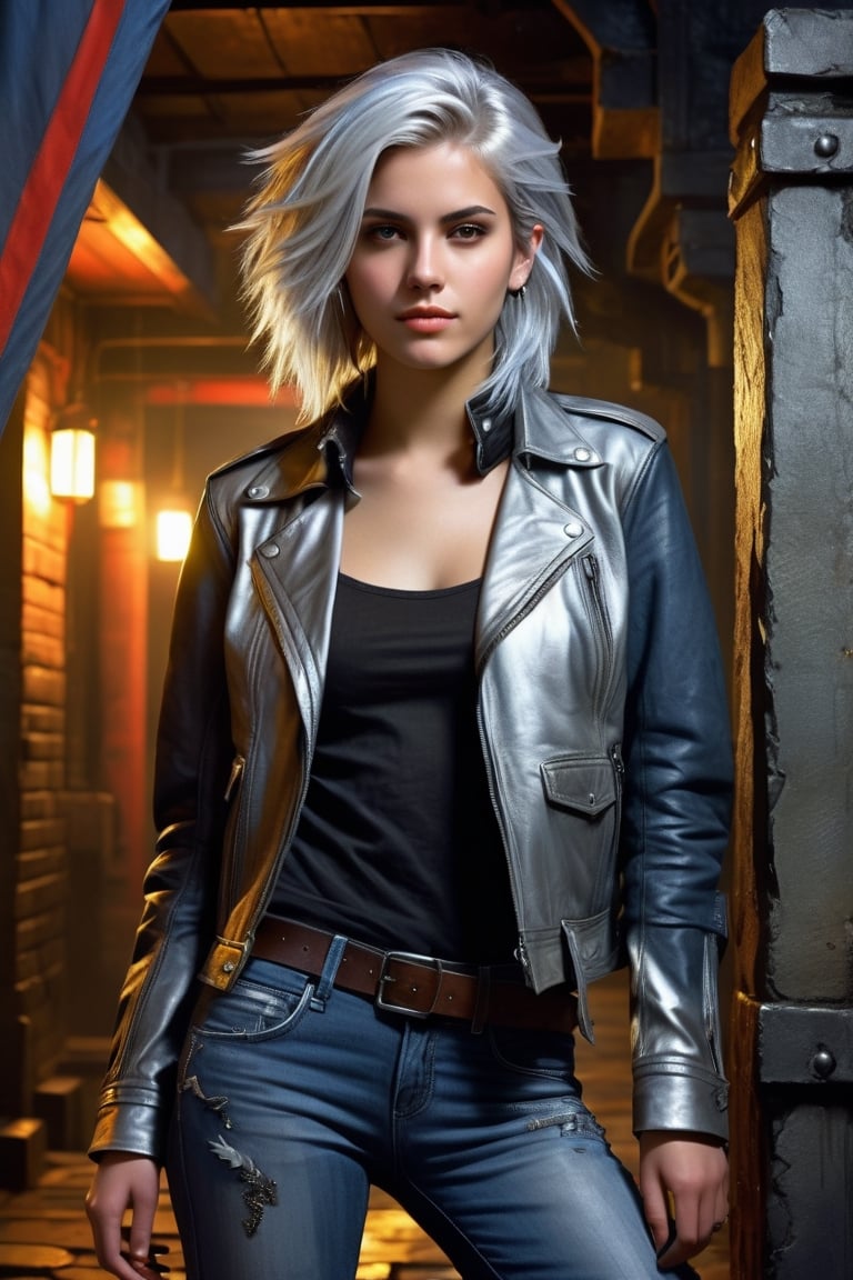 highly detailed, beautiful young woman, 20 years old, metallic silver hair, casual shirt, leather jacket, jeans, boots, ultra detailed face, (very detailed hair), rebels shelter background, fusion of final fantasy videogame and dungeon & dragons realm, high contrast, flat colors, cel shaded, by Richard Anderson,Magical Fantasy style,portraitart