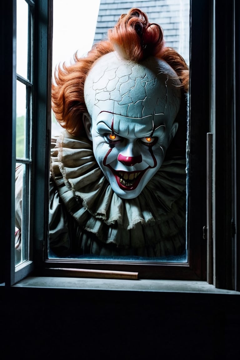 pennywise, sharp teeth, staring at viewer outside of a window