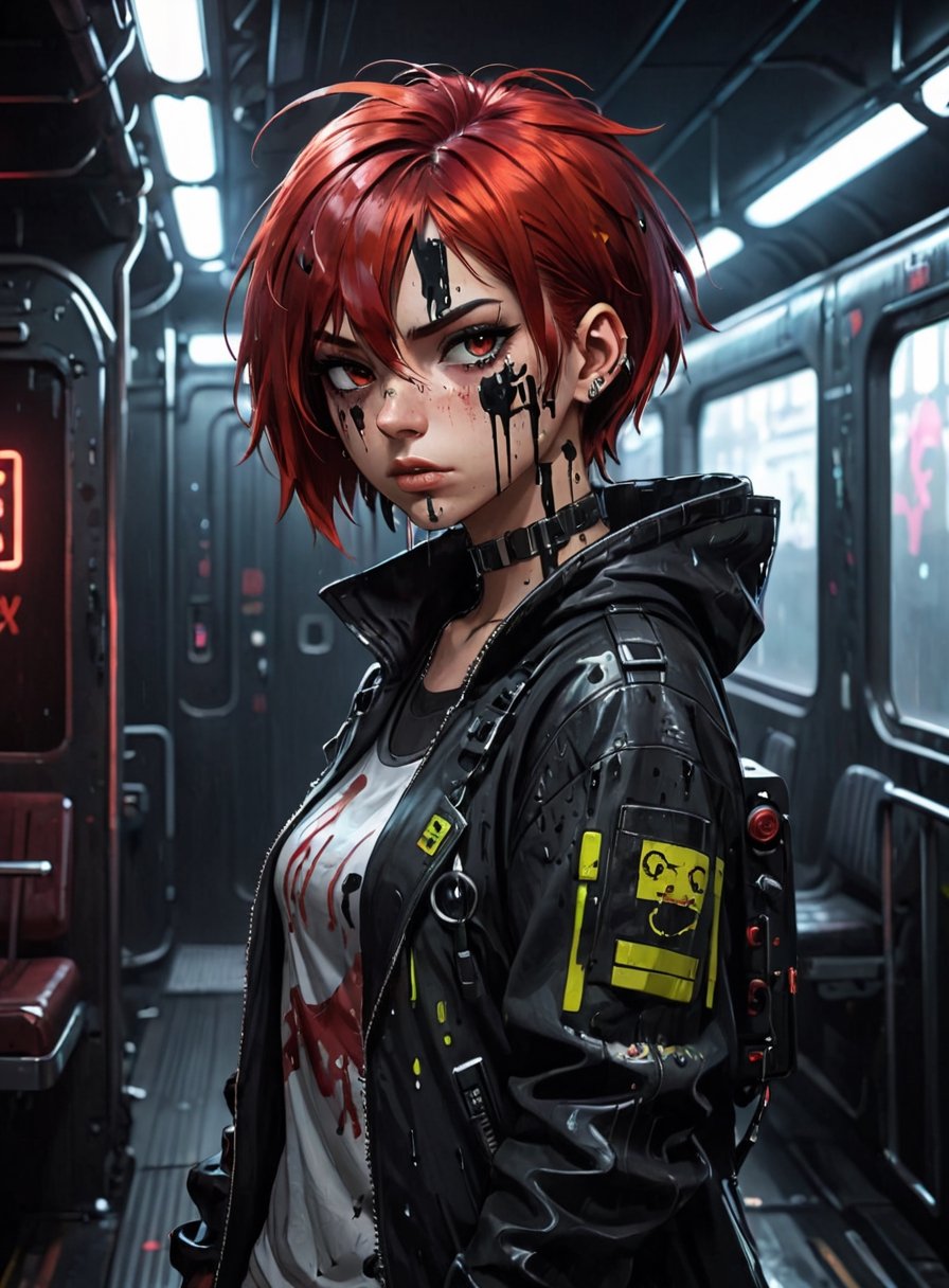 anime teenage girl in a cyberpunk train, teary eyes, teenage outfit, black and red hair, serious fashion style, dark theme style, punk style, short hair, black background, black paint dripping heavily from eyes and mouth