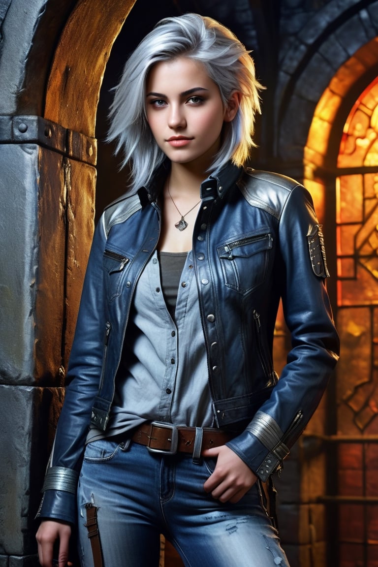 highly detailed, beautiful young woman, 20 years old, metallic silver hair, casual shirt, leather jacket, jeans, boots, ultra detailed face, (very detailed hair), rebels shelter background, fusion of final fantasy videogame and dungeon & dragons realm, high contrast, flat colors, cel shaded, Magical Fantasy,portrait