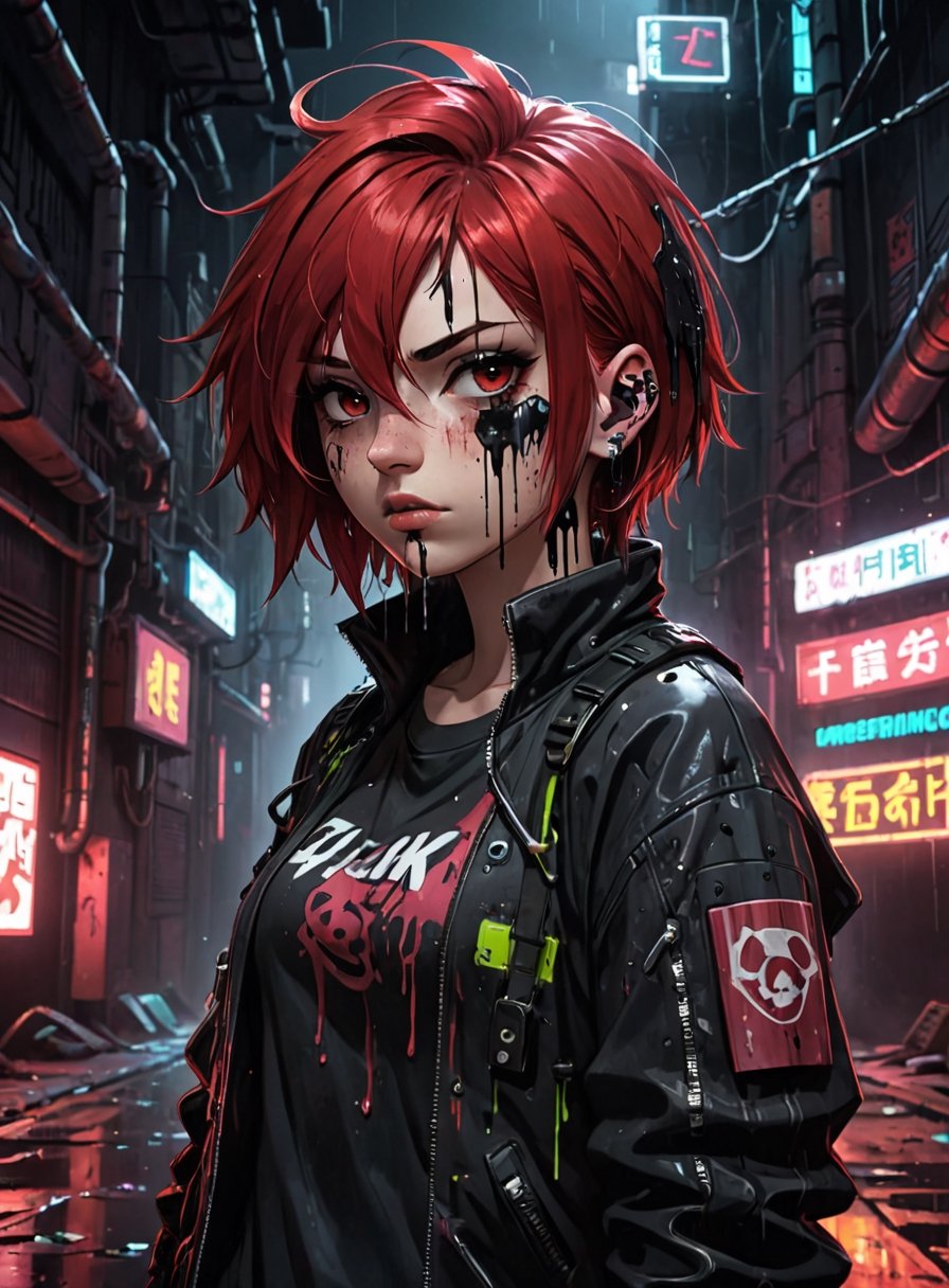 anime teenage girl on a cyberpunk alley, teary eyes, teenage outfit, black and red hair, serious fashion style, dark theme style, punk style, short hair, black background, black paint dripping heavily from eyes and mouth