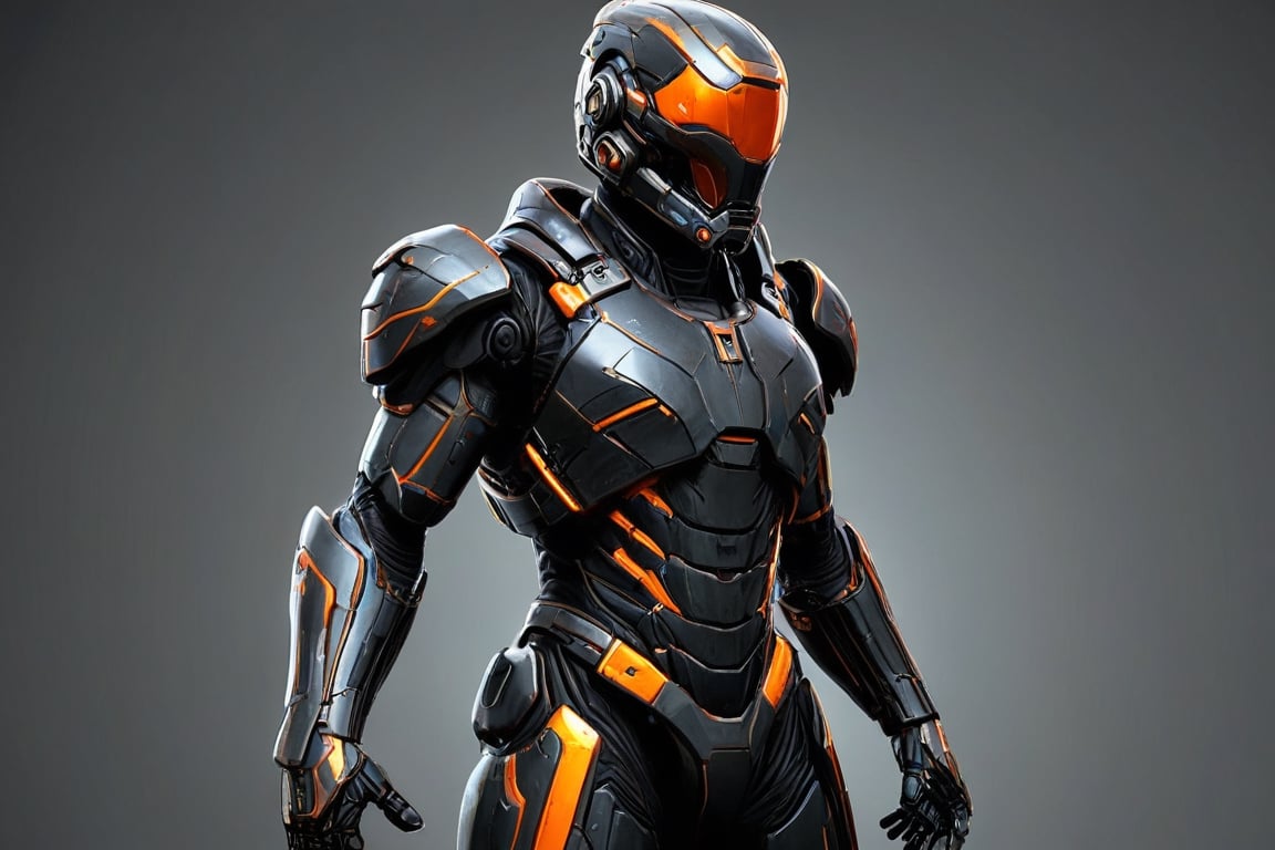 A digital illustration of a futuristic soldier in ultra-high-definition, featuring an ultra-realistic and ultra-detailed armored suit. The armor is predominantly black with orange accents, highlighting its intricate design. The helmet has a reflective visor and the suit includes various panels and layers that suggest advanced technology. The soft anisotropic filtering adds a realistic texture to the materials, while the hypersharp feature brings out the fine details, making the armor appear tangible. The overall quality is comparable to a high-resolution National Geographic photograph, and the artwork would trend on ArtStation for its impressive details and realism.