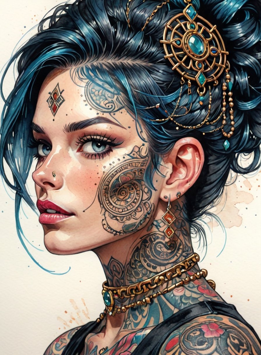 Gorgeous ink and watercolour illustration of a woman’s face close up, extreme close up, insane level of detail and incredible shading, beautiful lighting and hairstyle, intricate jewellery, tattoos and stitching on outfit