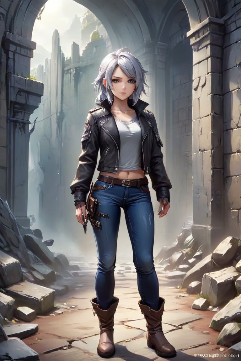 highly detailed illustration in anime style, rpg style, beautiful young woman, 20 years old, metallic silver hair, casual shirt, leather jacket, jeans, boots, ultra detailed face, (very detailed hair), rebels shelter background, fusion of final fantasy videogame and dungeon & dragons realm, high contrast, flat colors, cel shaded, by Richard Anderson,Magical Fantasy style,3d toon style,portraitart