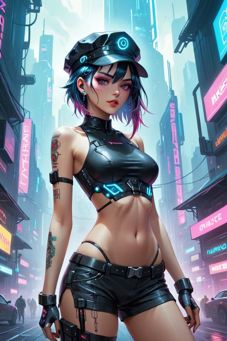 (masterpiece, top quality, best quality, official art, beautiful and aesthetic:1.2), (1girl), extreme detailed,Beautiful woman medium hair, wearing cap, cyberpunk style short clothes