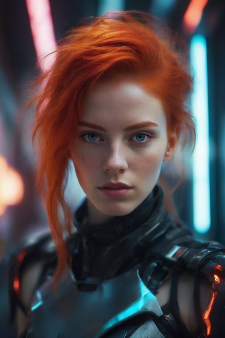 Best quality, Raw photo, face portrait, a young cyborg woman with fiery red hair. Her face fills the frame, bathed in neon hues, exuding determination and mystery amidst a futuristic backdrop