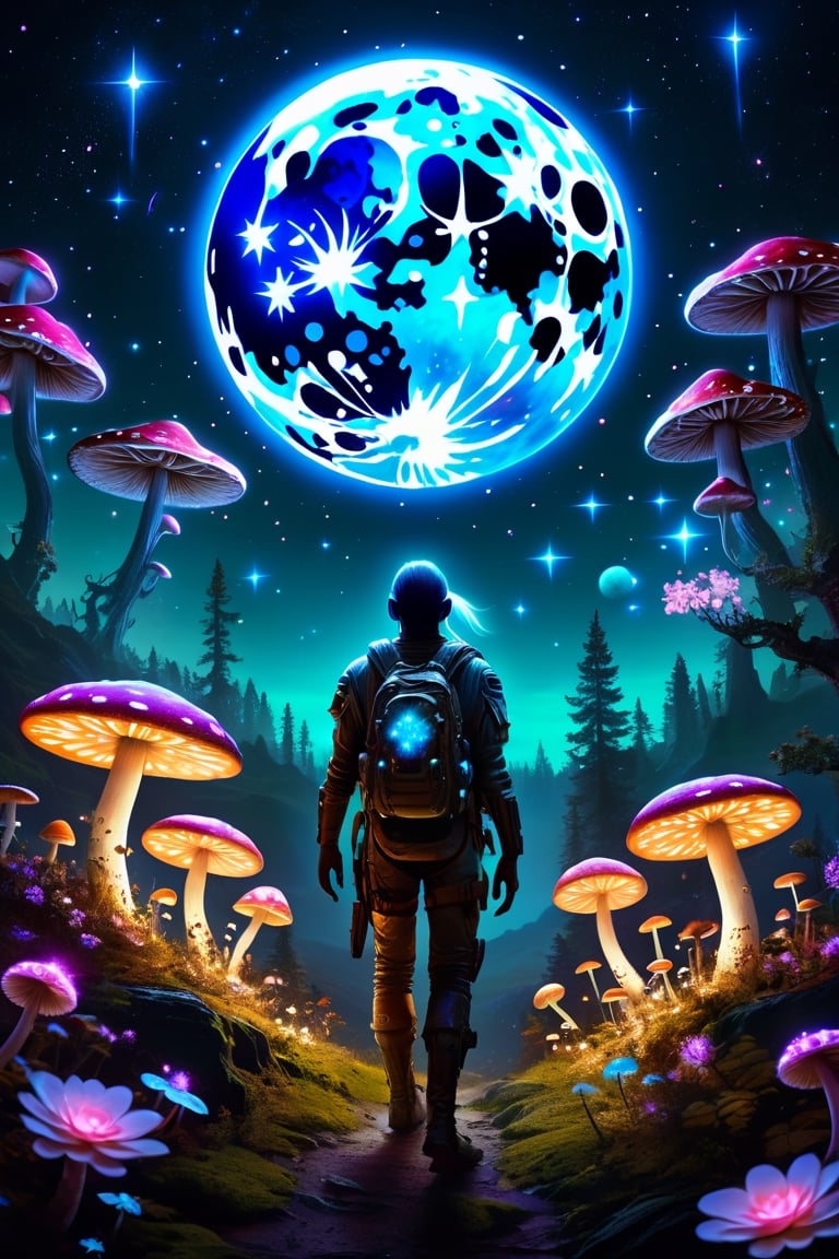 Bioluminescent planet covered in glowing flowers and mushrooms, two moons, glittering stars,ghost person