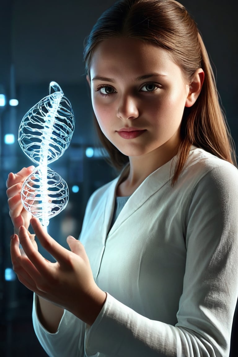 Type of Image: Photorealistic Digital IllustrationSubject Description: A girl holding a glowing genetic model, emphasizing the importance of health and beautyArt Styles: Realism, Medical Illustration, Conceptual ArtArt Inspirations: Leonardo da Vinci, Andreas Vesalius, Zdzisław BeksińskiEnvironment/Background: Indoor, laboratory or medical facility setting with futuristic elementsCamera: Medium shotRender Related Information: Detailed rendering to capture the intricate details of the genetic model and the girl's expression, Soft lighting to highlight the glow of the genetic modelCamera Shot Type: Medium shotCamera Lens: 35mmView: FrontResolution: High resolution (4K+), detailed rendering to emphasize the intricate details of the genetic model and the girl's expressionLighting: Soft ambient light with highlights on the genetic model to create a futuristic atmosphere