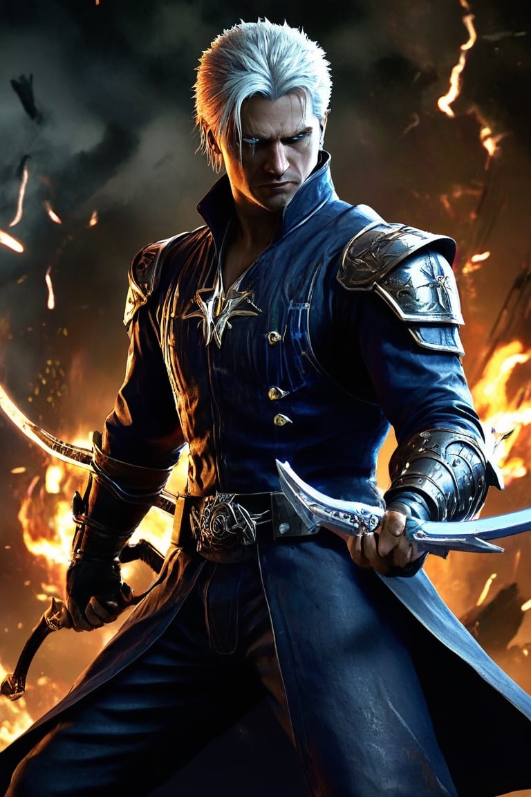 vergil from devil may cry,nelo angelo,nephilim,devil Hunter,sleek combed back hair,handsome,pale,stoic,serious,sharp piercing eyes,blue and silver,holding the Yamato Katana,fiery awe-inspiring thunders amidst darkness,evokes a sense of mythical grandeur,zeus light bolts,deus ex cybersecurity true detective,helldivers in the style of warhammer and doom eternal,Dante’s inferno berserk aesthetics by kentaro miura and Dave Rapoza,stranger things vfx,directed by Darren Aronofsky