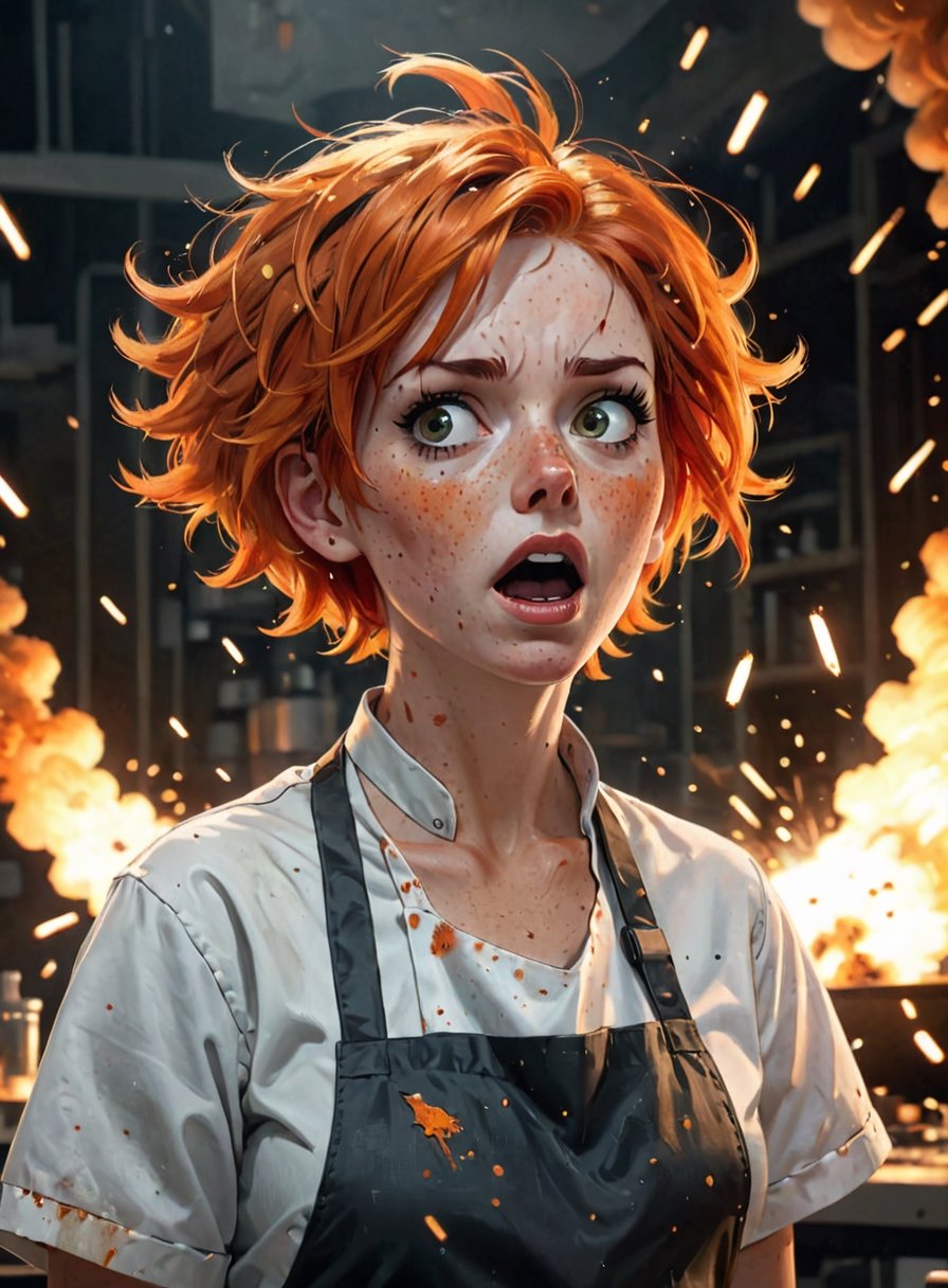 high quality, 8K Ultra HD, woman,evening,detailed face, messy short hair, orange hair, perplexed, beautiful, elegent, with laboratory apron, freckled, surprised by the explosion, physics, freckled woman, torn apron