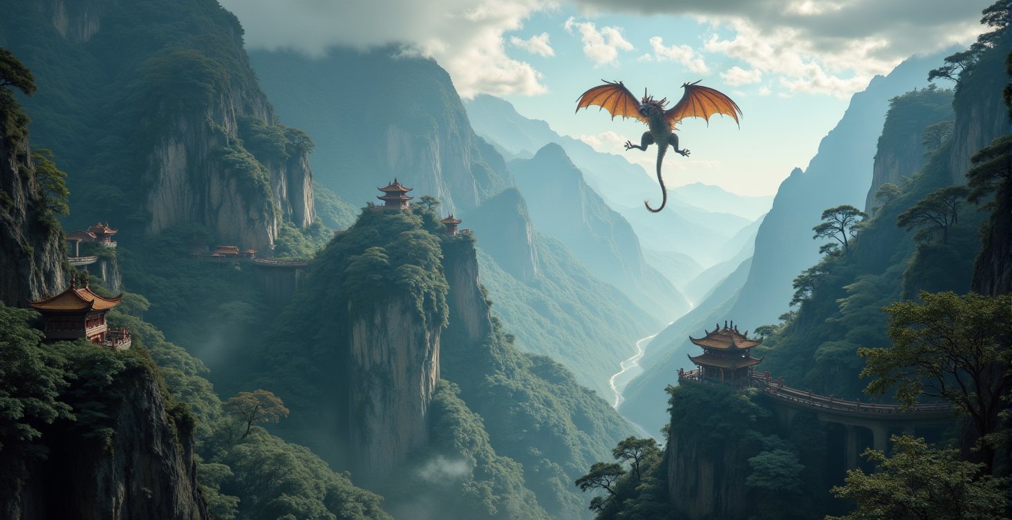 ((Enchanting)) very low angle shot of a vertical panoramic photo, Chinese dragon flying up high, mystical forest below with steep rocky mountains, temples, castles, shrines, walls, and mystic gates, light rays cloud rays, god rays, cinematic, extreme details.
