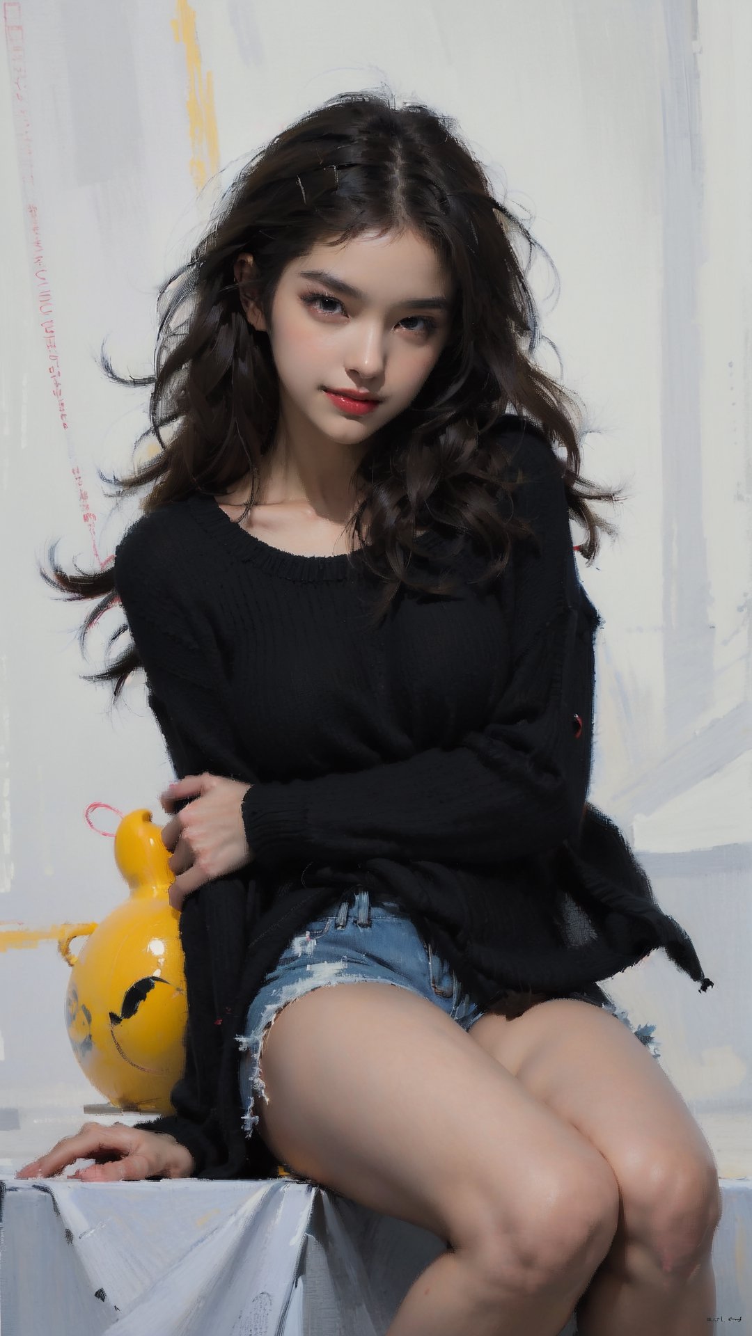 (midlength portrait), (masterpiece), (digital art), (hyper-detailed, anime, K-pop girl, magazine cover, model, beautiful girl, long black wave hair, studio light, (2D), cartoon, imaginative, dynamic pose, modern fashion, jean shorts, cute face, warm smile, oil painting style,oilpainting,BJ_Oil_painting,realhands