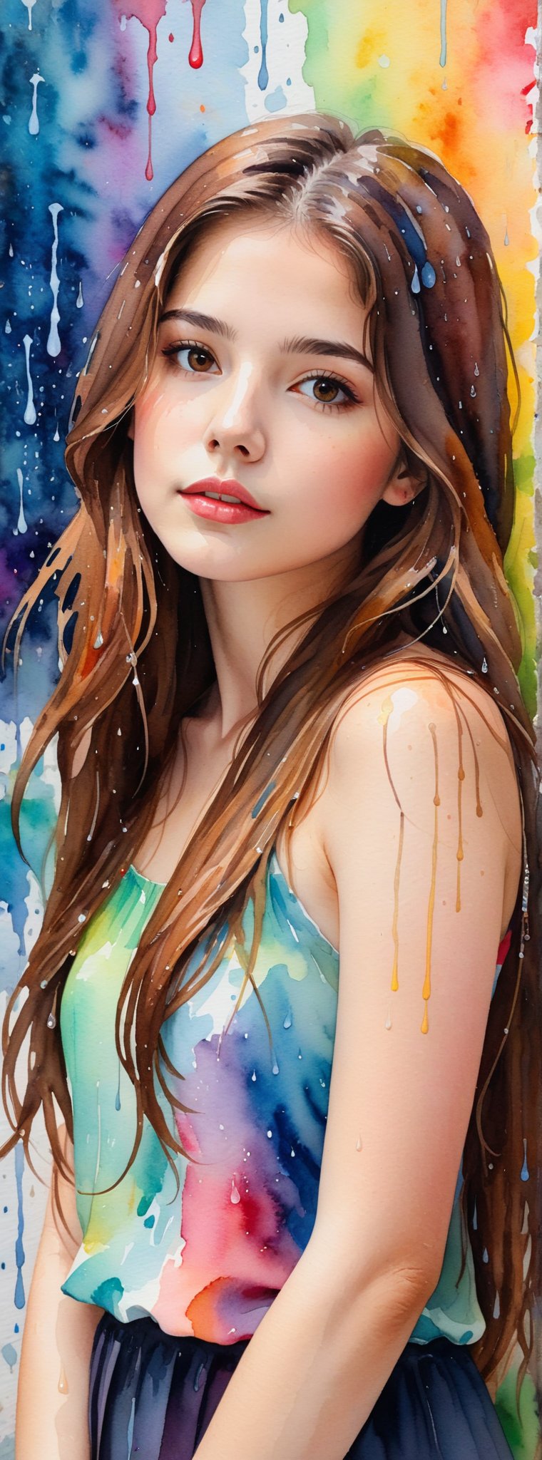 1girl, solo, long hair, looking at viewer, brown hair, closed mouth, upper body, mole, lips, colorful abstract paint on the wall behind her. water color, rain by lily serenade