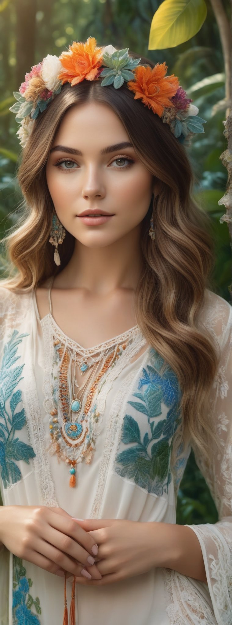 Young woman with a boho style, fingers interlaced with precision amidst a lush garden setting, photorealistic depiction, detailed foliage in the background, soft natural light filtering through treetops, intricate lace details on her clothing, vivid colors, ultra-realistic, natural light, highly detailed.