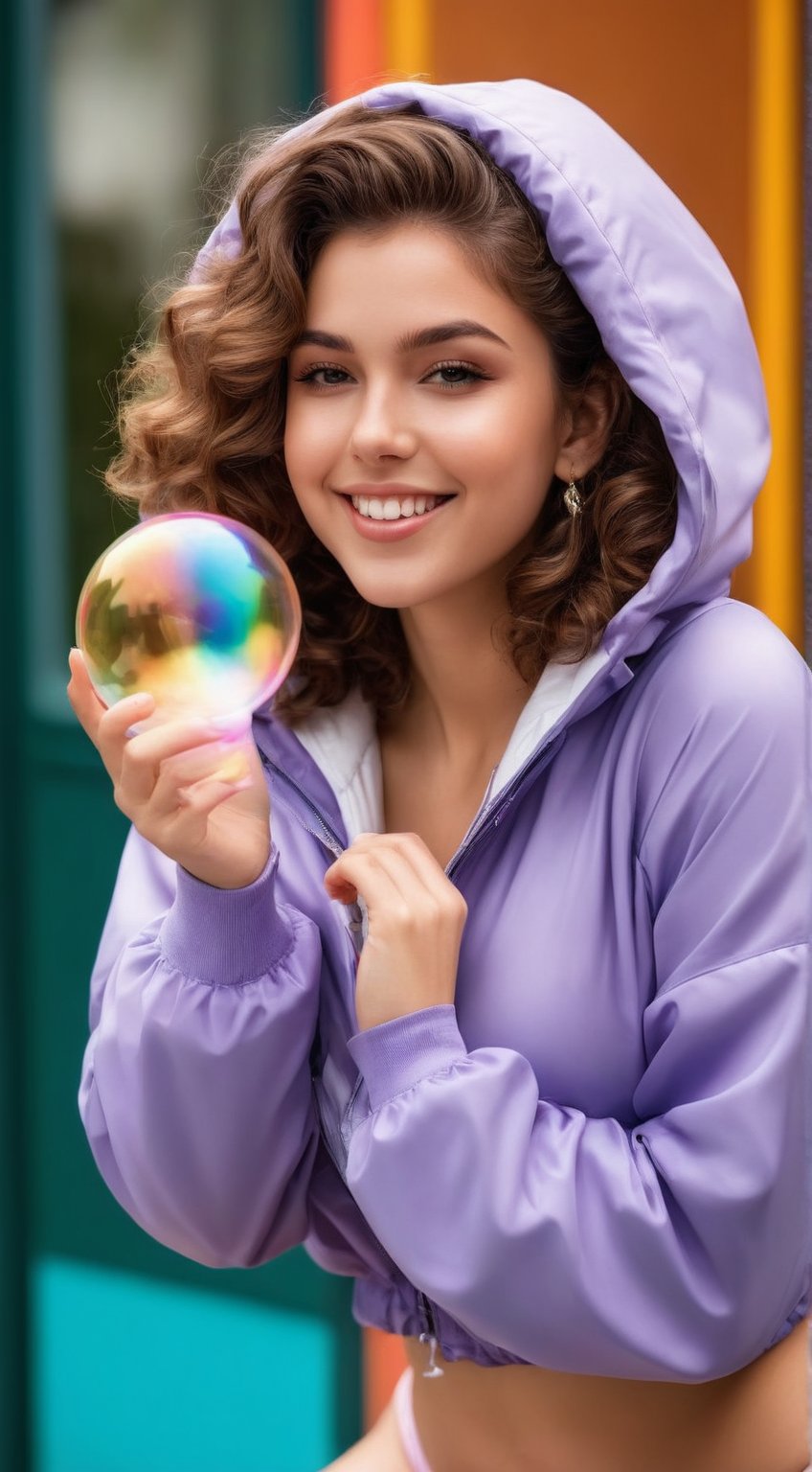 A sexy women with a bright smile and sparkling brown eyes gazes directly at the viewer, her curly brown locks framing her heart-shaped face. She wears a pair of dangling earrings that catch the light as she holds up a colorful soap bubble gun, blowing a delicate bubble that floats softly in front of her hooded head.,School_girl,Thicc_thighs, full_body