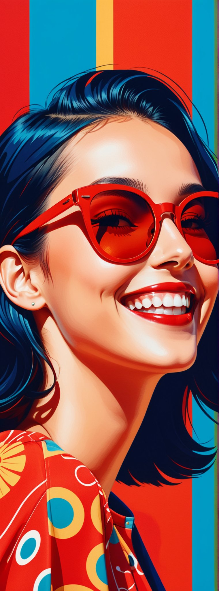 Smiling young woman, summer fun, red sunglasses, half profile, laughing, psychedelic red pattern background, style of miro