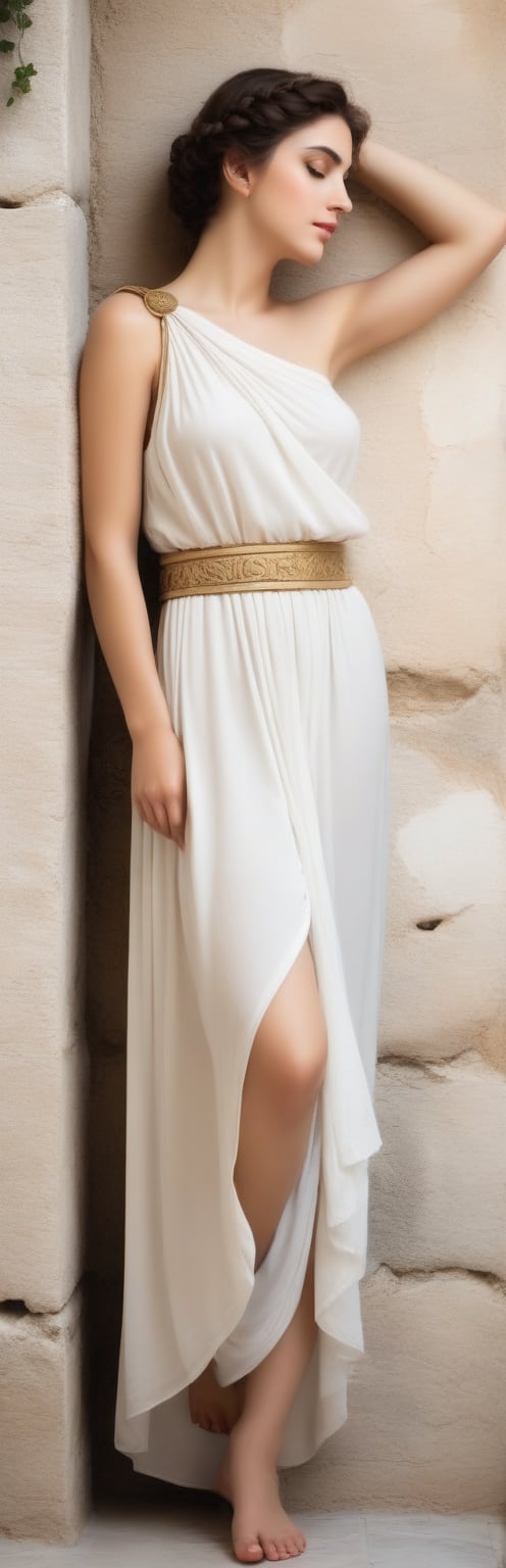 Portrait for an ancient Greek girl ,full body , soft clothes , She leans her back against a wall , here arms on the wall