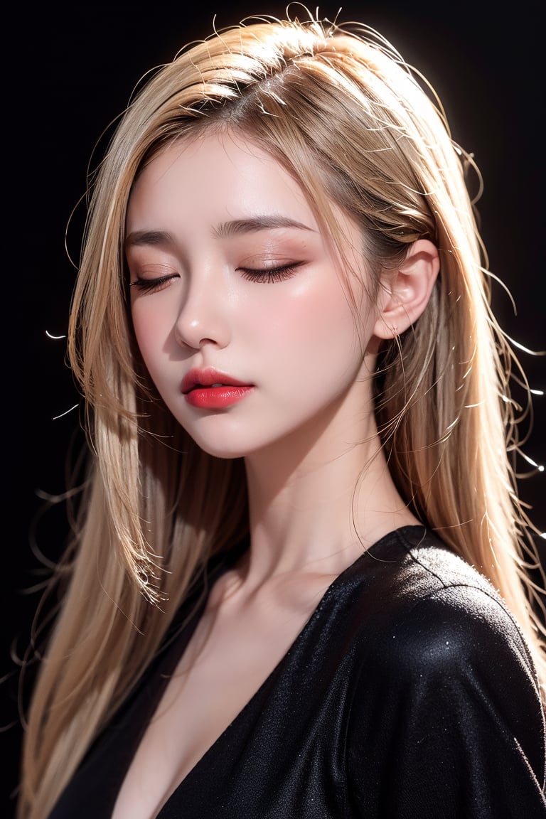 1girl, solo, long hair, blonde hair, simple background, closed eyes, upper body, lips, black background, red lips