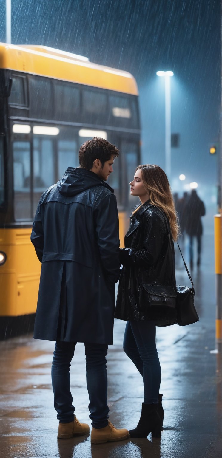 European, two young people, masterpiece, best quality, the young man and the girl are very in love with each other, they are both 28 years old. Under the rain, the girl is wearing a black raincoat and jeans underneath, and the man is wearing a blue coat and jeans, the man is on the intercity street at night ( (at the bus terminal)) extremely sad and emotional scene where she is about to break up with her lover, her hands are about to be separated from each other, shot from outside, woman about to be alone, rain, ((terminal crowd)), drenched, professional professionalism, distorted, both , facing the viewer, seen to the viewer, live 8k, ultra realistic, night, upper body, photo r3al, shooting star, photo r3al