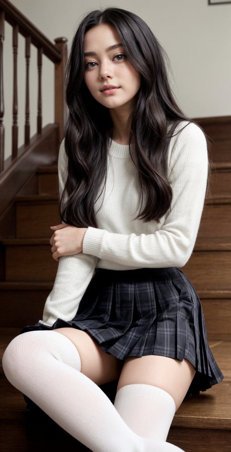 A serene scene unfolds as a beautiful girl with long, raven-black hair and a hint of chestnut-brown tresses cascading down her back, sits elegantly on the stairs, clad in a crisp school uniform. Her pleated skirt, reminiscent of Japanese serafuku fashion, falls to just above her knees, showcasing her toned thighs. White kneehigh socks add a touch of innocence, as she gazes intently at something off-camera, her expression a perfect blend of contemplation and curiosity.,thigh garter,ADD DETAIL