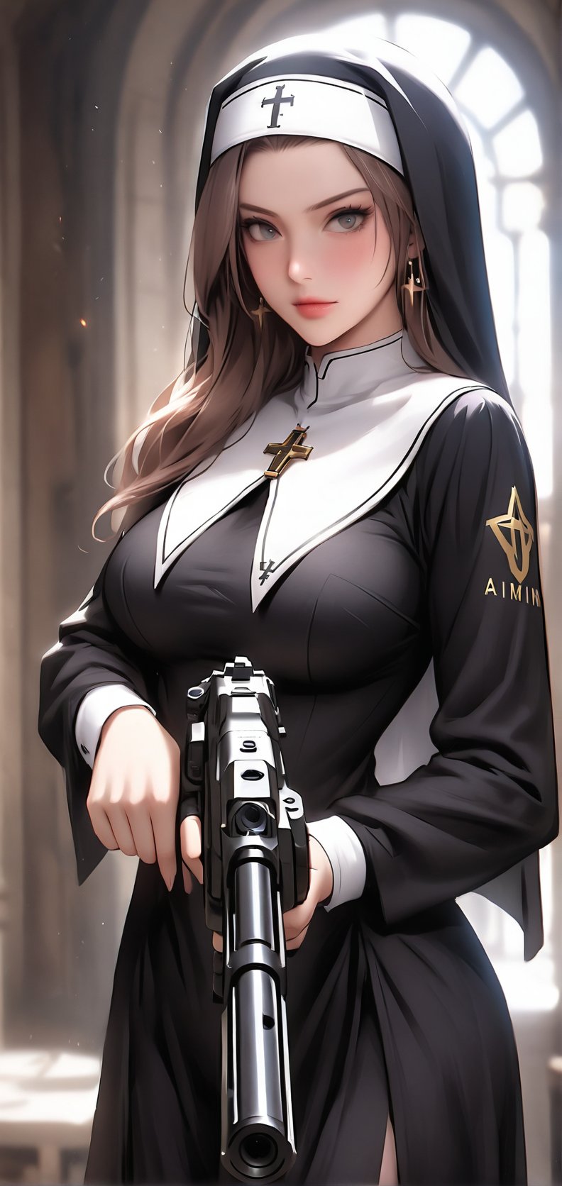 a nun with gun, holding_weapon, aimpoint
