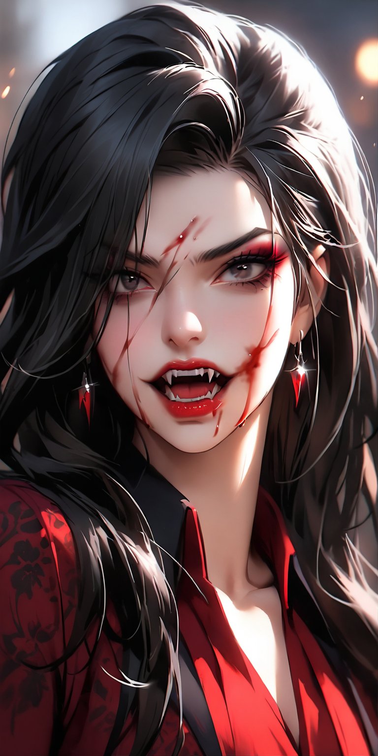 1girl, solo, long hair, open mouth, black hair, teeth, blurry, black eyes, lips, makeup, motion blur, vampire, fangs, blood_on_face