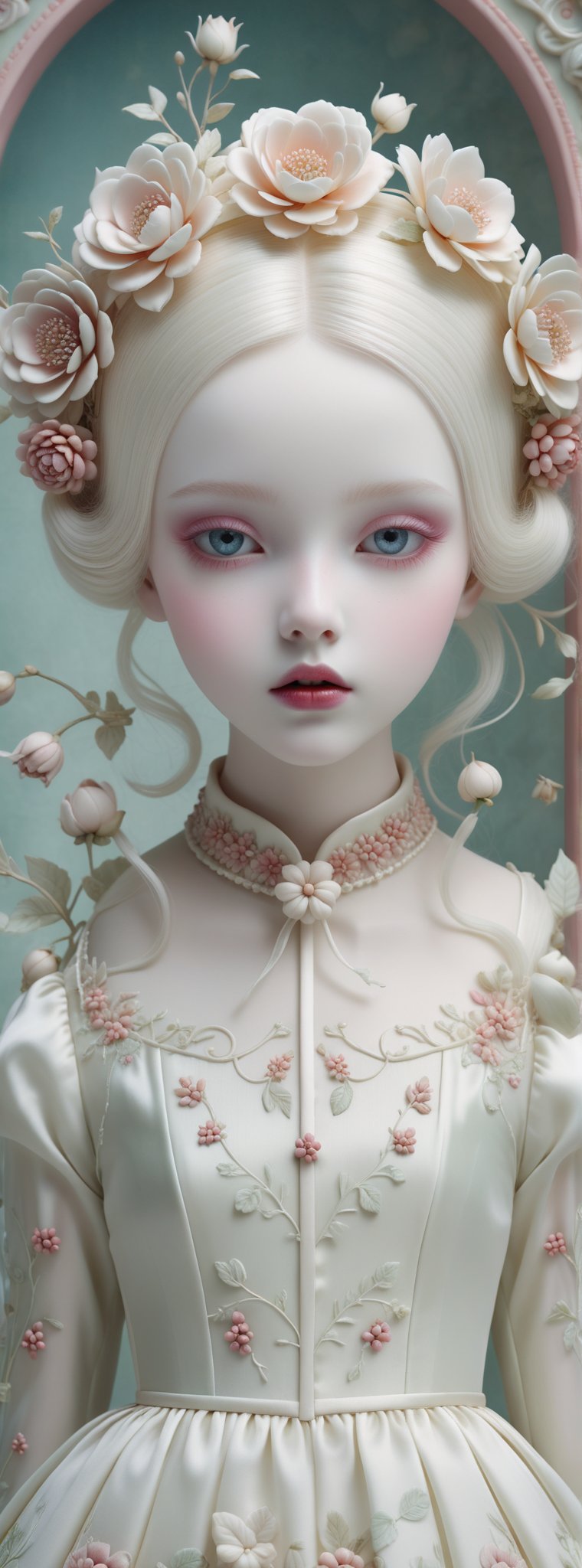 Porcelain girl with flower hair, silk dress, white skin with heavy makeup, extremely ghostly white, floral background, candy color tones, soft, dreamlike, surrealism, intricate details, 3D rendering, octane rendering. Nicoletta Ceccoli style. By Monique Moro