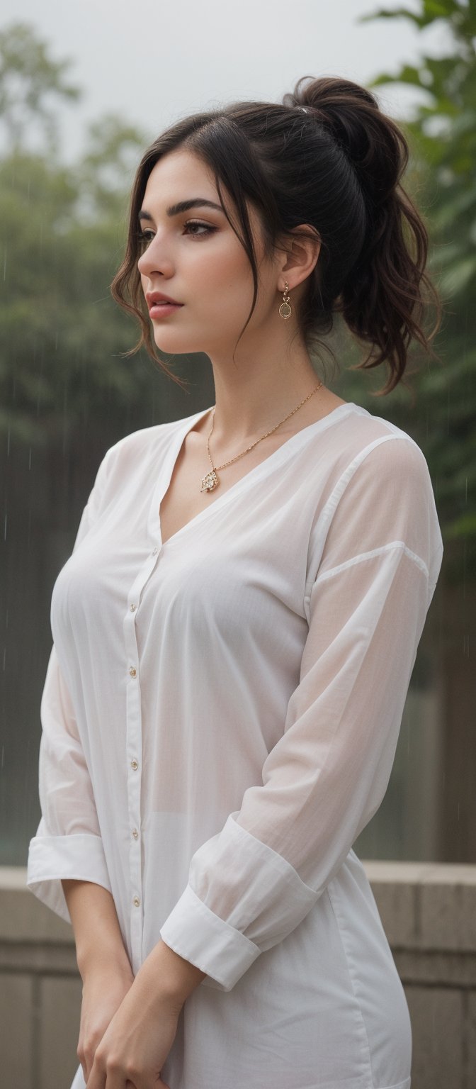 Woman in Rainy Elegance: A hyper-realistic image features a woman standing in the midst of a gentle rainfall, wearing a stunning white shirt with a vibrant floral print. The long sleeves, cinched at the wrists, add an air of sophistication to her overall demeanor. Her dark, wet hair is styled in a sleek ponytail, accentuating her refined profile and luscious lips. Dangling earrings, catching the raindrops' light, create a mesmerizing sparkle around her neck.