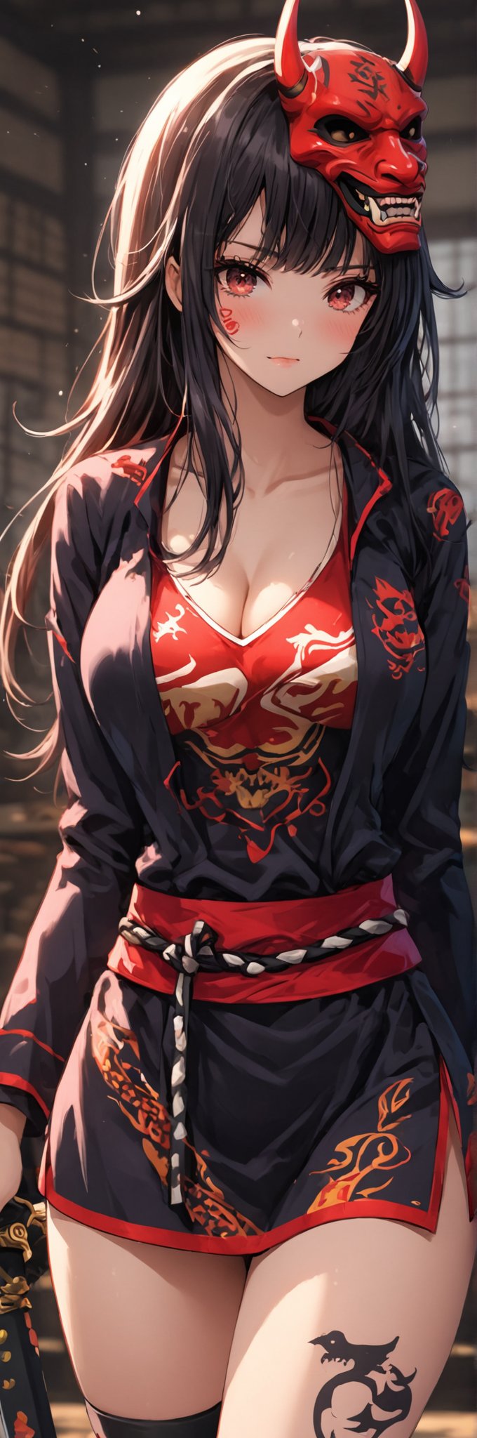 score_9, score_8_up, score_7_up, 1 girl, (cute 20 year old girl), fit body, dragon tattoos, (short kimono, oni mask, samurai sword), long eyelashes, long hair, large breasts, cleavage, blushing, beauty