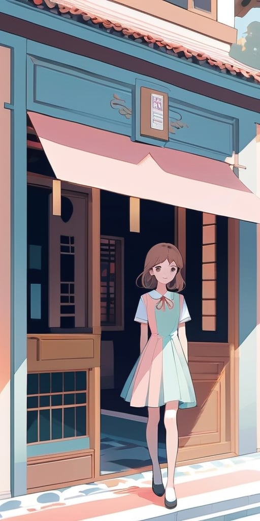 Korean webtoon style illustration, school girl, long brown hair, smiling, entering a restaurant, neat one-piece dress, pastel color palette, subtle background, high-contrast shadows, clean lines, detailed character expression, cultural architecture details in restaurant facade, natural light, digital painting.