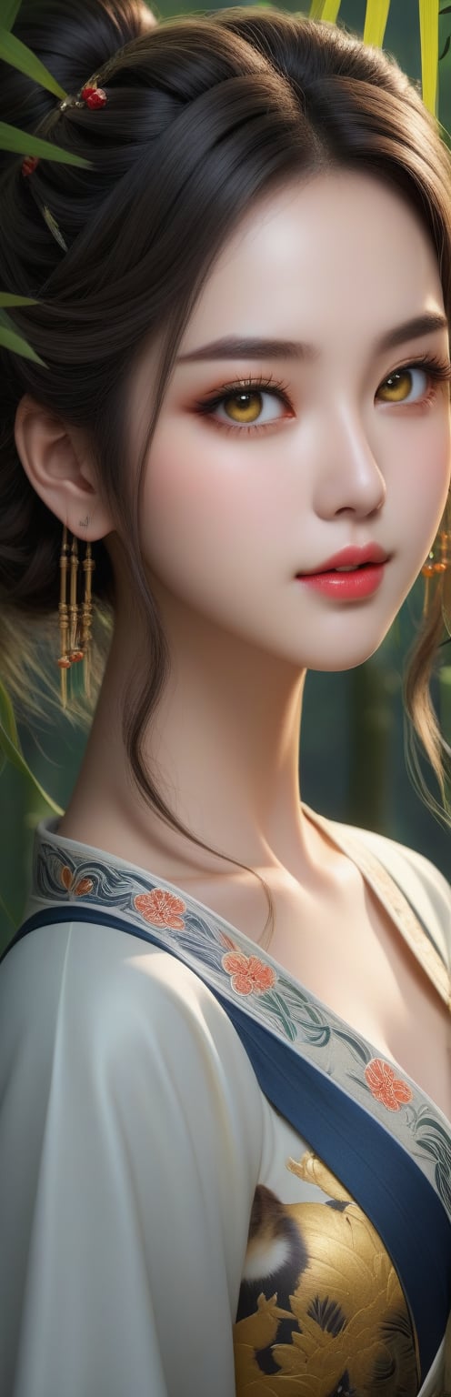 gorgeous lips, (masterpiece), (best quality), (ultra-detailed), very aesthetic, illustration, perfect composition, intricate details, absurdres, detailed face, (masterpiece, intricate:1.3), (best quality, hires textures, high detail:1.2), (4k),(incredibly detailed:1.4) clawling_four,chinese_dress,bamboo_forests,tiger_girl,moon,night,moonlight, ,long_bronde_hair,beautiful_hair,yellow_eyes,beautiful_eyes,1_beautiful_girl,cute_face,beautiful_face,beautiful,best_quality,good_anatomy