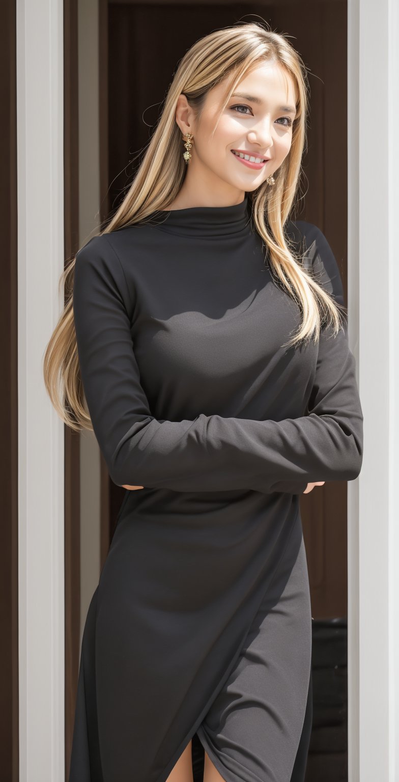 1girl, solo, long hair, looking at viewer, smile, blonde hair, black hair, long sleeves, jewelry, upper body, multicolored hair, earrings, teeth, grin, blurry, two-tone hair, lips, see-through, blurry background, facial mark, own hands together, realistic,ADD DETAIL, infront of windor, minimalistic room