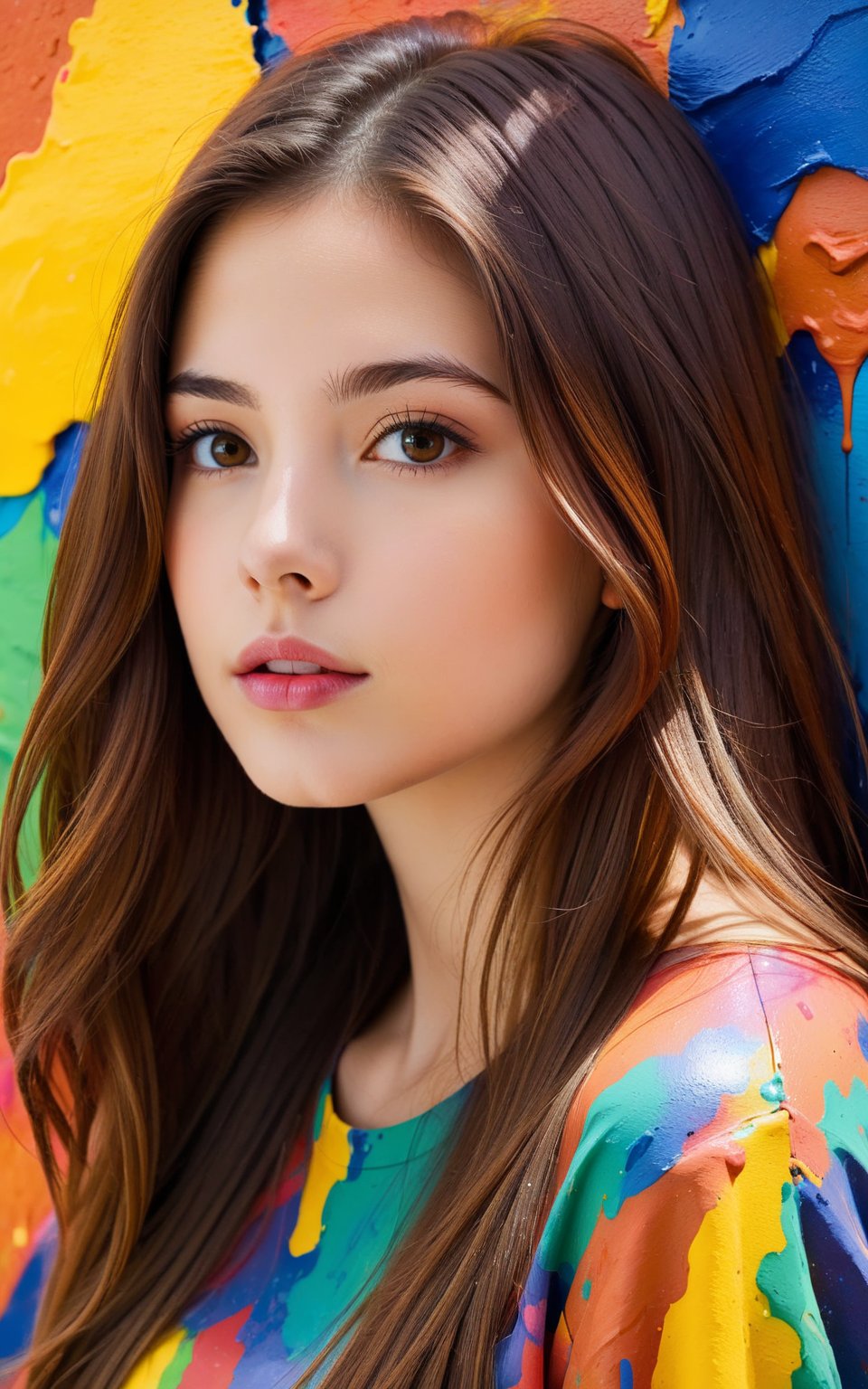 1girl, solo, long hair, looking at viewer, brown hair, closed mouth, upper body, mole, lips, colorful abstract paint on the wall behind her.