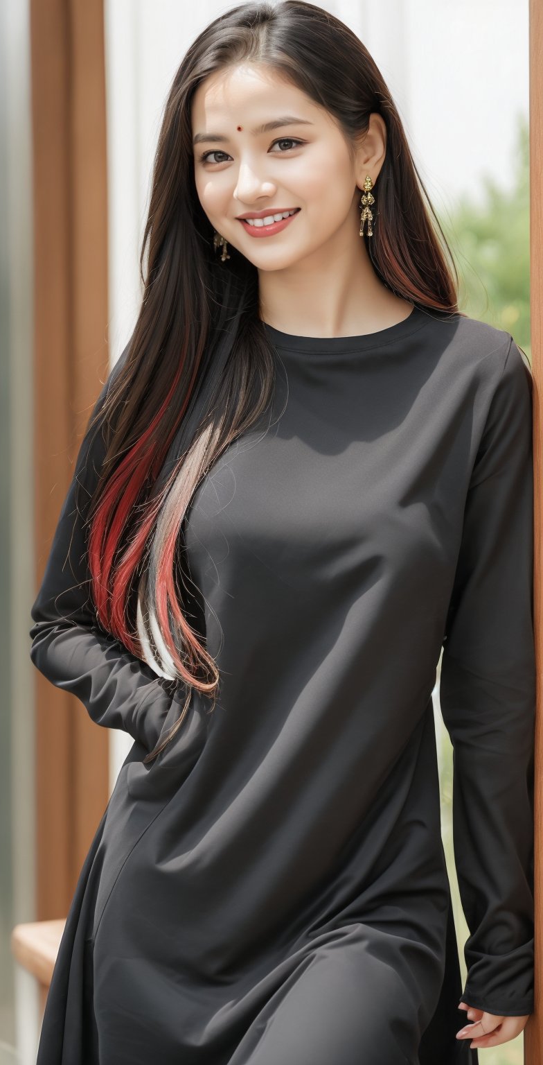 1girl, solo, long hair, looking at viewer, smile, blonde hair, black hair, long sleeves, jewelry, upper body, multicolored hair, earrings, teeth, grin, blurry, two-tone hair, lips, see-through, blurry background, facial mark, own hands together, realistic