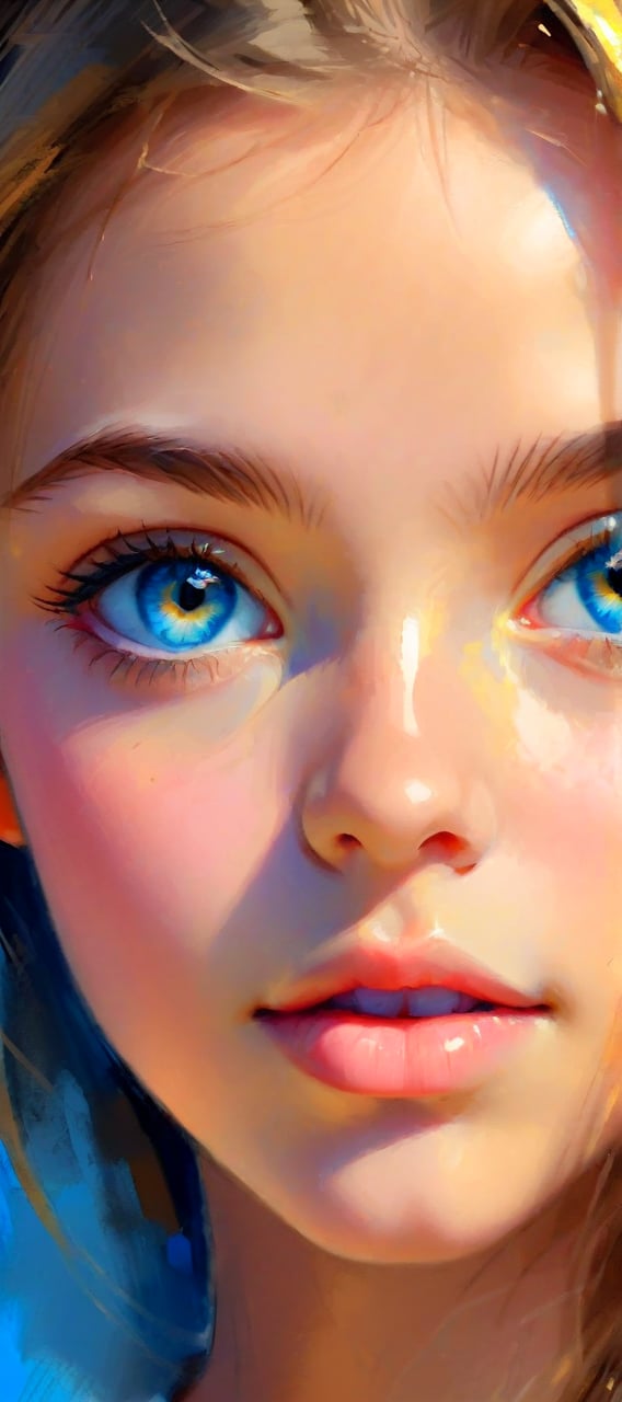 Sketch of a young girl with a beautiful face and intense gaze, clear, detailed, well-defined, and bright eyes, the rest is a sketch in which there are brushstrokes of blue and gold, digital painting, natural light, very detailed,