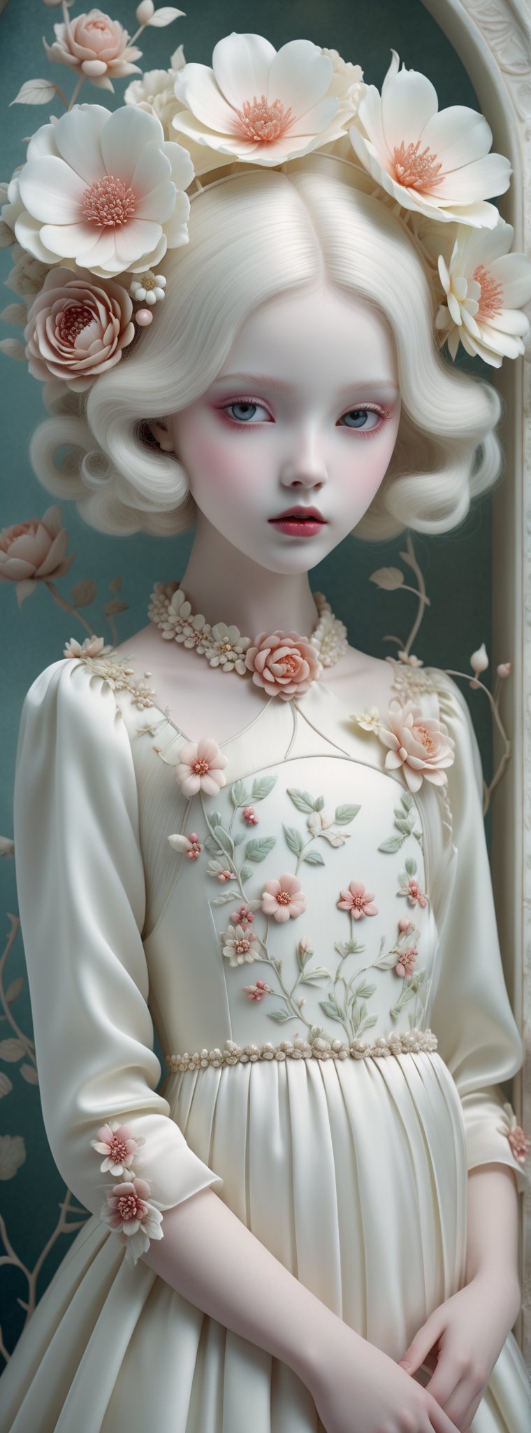 Porcelain girl with flower hair, silk dress, white skin with heavy makeup, extremely ghostly white, floral background, candy color tones, soft, dreamlike, surrealism, intricate details, 3D rendering, octane rendering. Nicoletta Ceccoli style. By Monique Moro