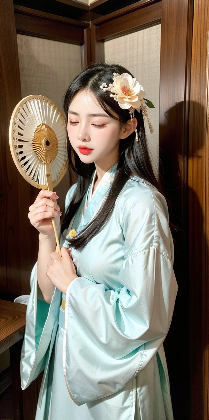 1girl, solo, black hair, hair ornament, long sleeves, holding, closed eyes, flower, hair flower, makeup, chinese clothes, lipstick, hand fan, hair rings, realistic, holding fan, paper fan, korean clothes, hanfu, hanbok, peony \(flower\)