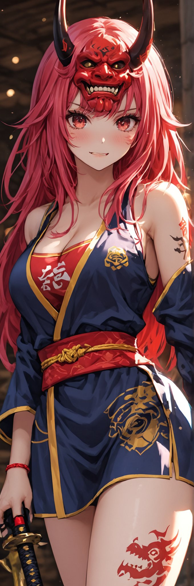 score_9, score_8_up, score_7_up, 1 girl, (cute 20 year old girl), fit body, dragon tattoos, (short kimono, oni mask, samurai sword), long eyelashes, long hair, large breasts, cleavage, blushing, beauty