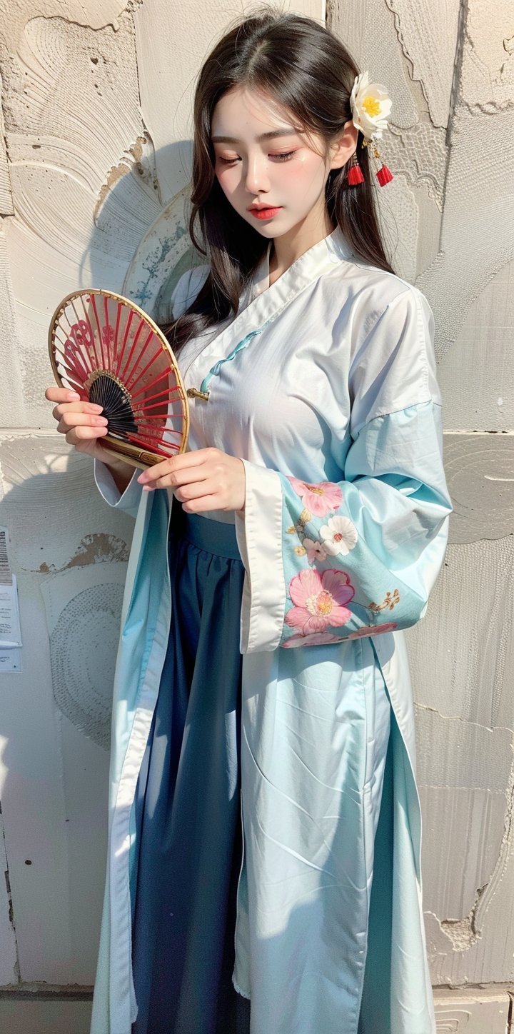 1girl, solo, black hair, hair ornament, long sleeves, holding, closed eyes, flower, hair flower, makeup, chinese clothes, lipstick, hand fan, hair rings, realistic, holding fan, paper fan, korean clothes, hanfu, hanbok, peony \(flower\)