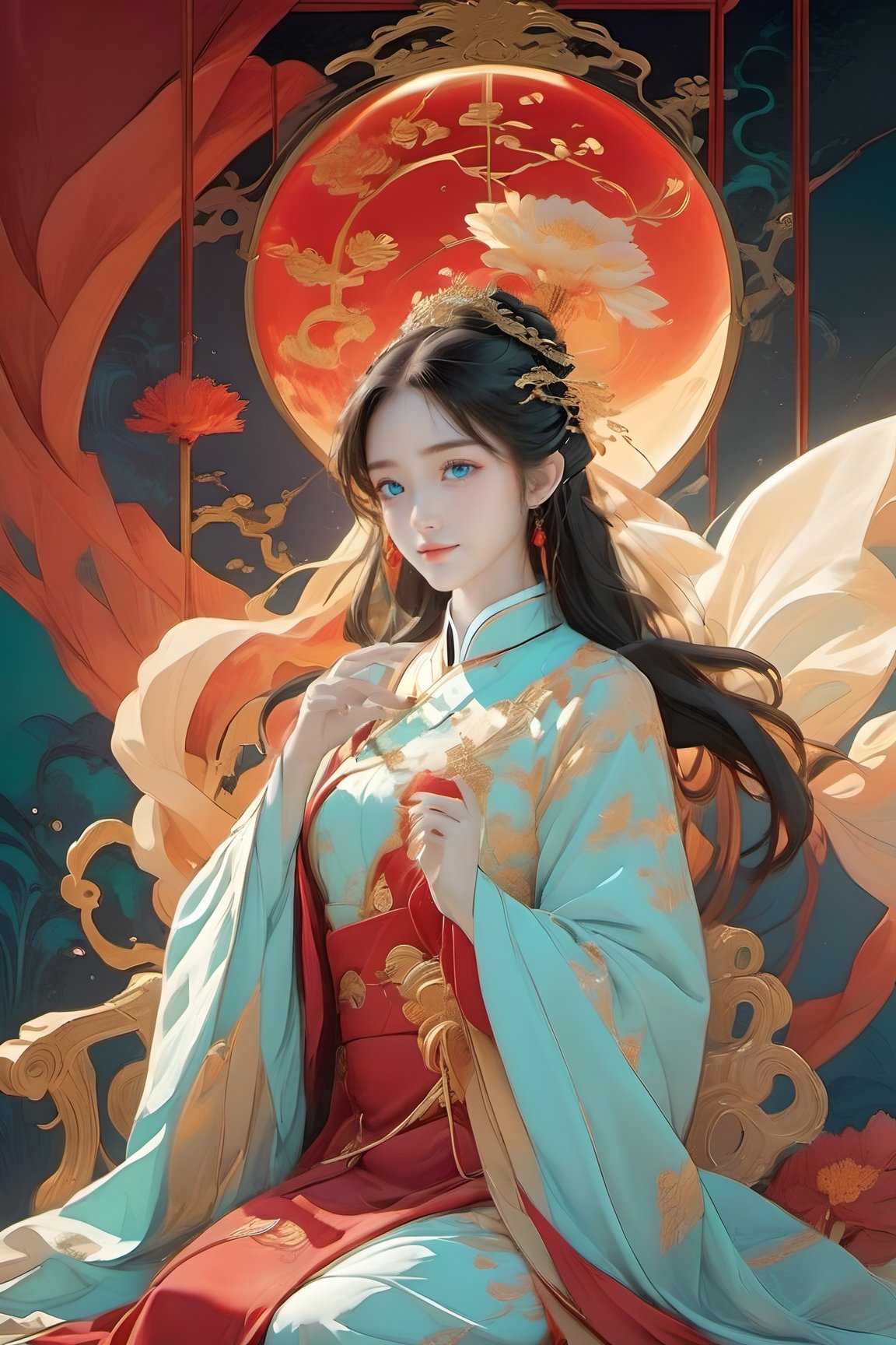 chinese red dress, glowing red eyes, black-hair, fu hua,yuelun,fu_hua,taixu,fuhua/heiyu,fu hua\bengluo,fuhuaexpressionless, blue eyes, very long hair, (art nouveau:1.2), alphonse mucha, tiara, (face focus, upper body), sit, (red throne:1.12), tiara, crossing legs, highly intricate details, realistic light, smileanatomically correct a bio mechanical cyborg Neon Genesis EVANGELION-01, made of glass white and gold , transparent body, (extremely detailed face, full body, look at viewer),glass texture, glass, soft bright background, shine, subsurface scattering, transparent, glow, bloom, jellyfish, coral, Bioluminescent liquid, volumetric light, tube, 3d style,cyborg style,Movie Still,Leonardo Style,cyborg,xxmix_girl,,huayu,xxmixgirl