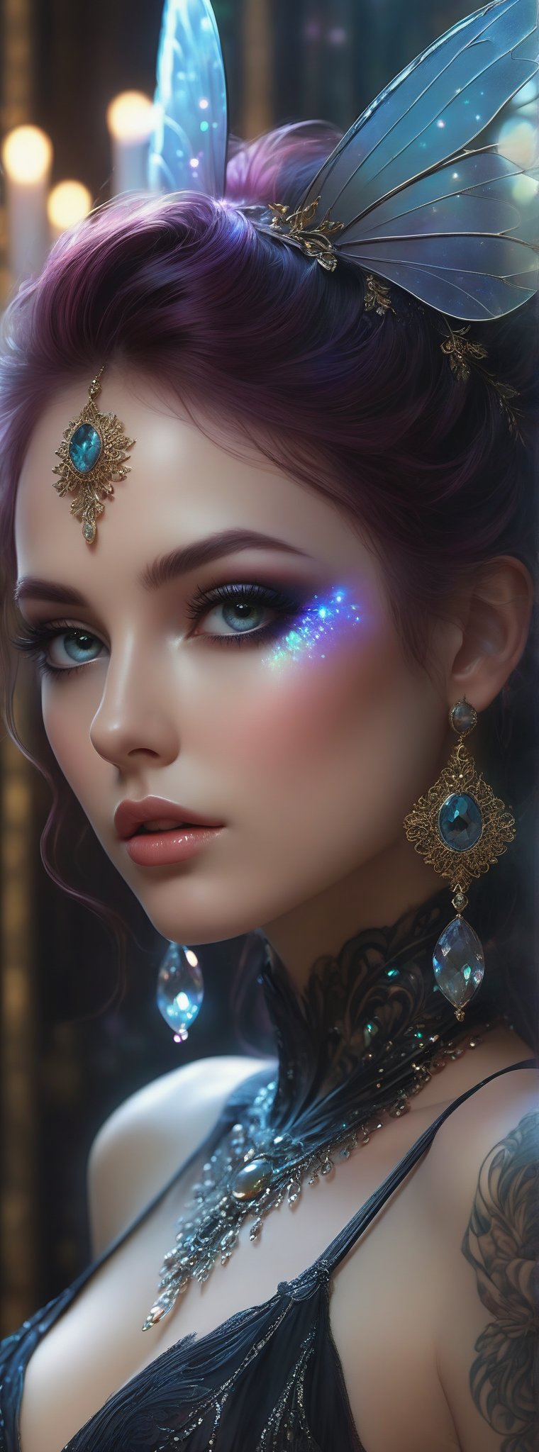 Ultra detailed digital art masterpiece, face portrait, mysterious dark fairy woman, fairy light ball with mirror tiles, underground party, marble reflections, different neon lights, ultra detailed, delicious, eyes dripping, Tom Bagshaw, Anne Bachelier, million of details, mixed with dark victorian elements, ultra detailed environment , dark victorian fairy clothing , no make up, natural face, abstract , big shiny eyes, ultra detailed atmospheric details, beautiful glowing effects , sparkle effects , realistic body proportions , beautiful face proportions, complex masterpiece, wild hair style, creative glowing detailed tattoos, complex physics, enhanced colors, complimentary colors, ultra detailed raytracing reflections, Ultra detailed complex background, environment feels alive, direct eye contact, 32k resolution, 