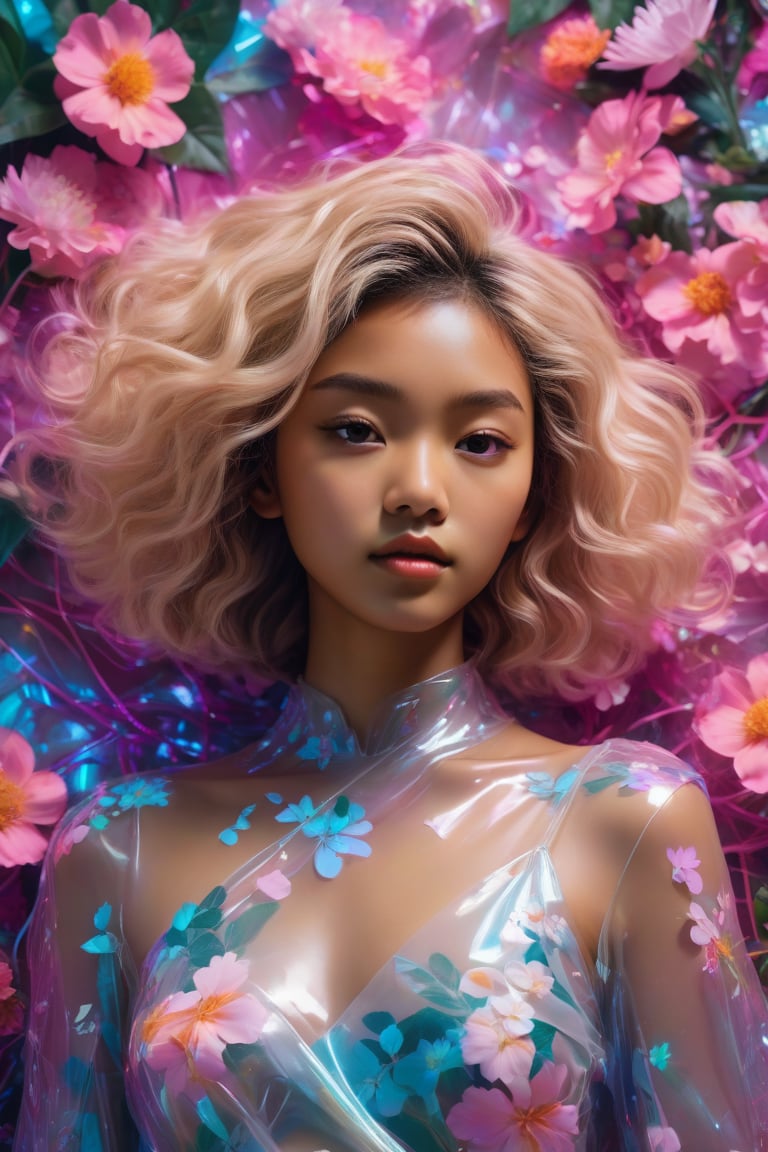 In a stunning portrait, September Ai, a HONG KONG Girl with brown skin and short messy hair, lies from the front point pose, exuding high fashion elegance. Against a flowing neon-holographic floral background, iridescent vaporwave effects dance around her. The overall composition is fluid, with delicate flowers swirling behind her. A realistic illustration of this beauty, featuring long blonde hair, is reminiscent of Flat vector art. score_9, score_8_up, score_7_up, score_6_up,School_girl