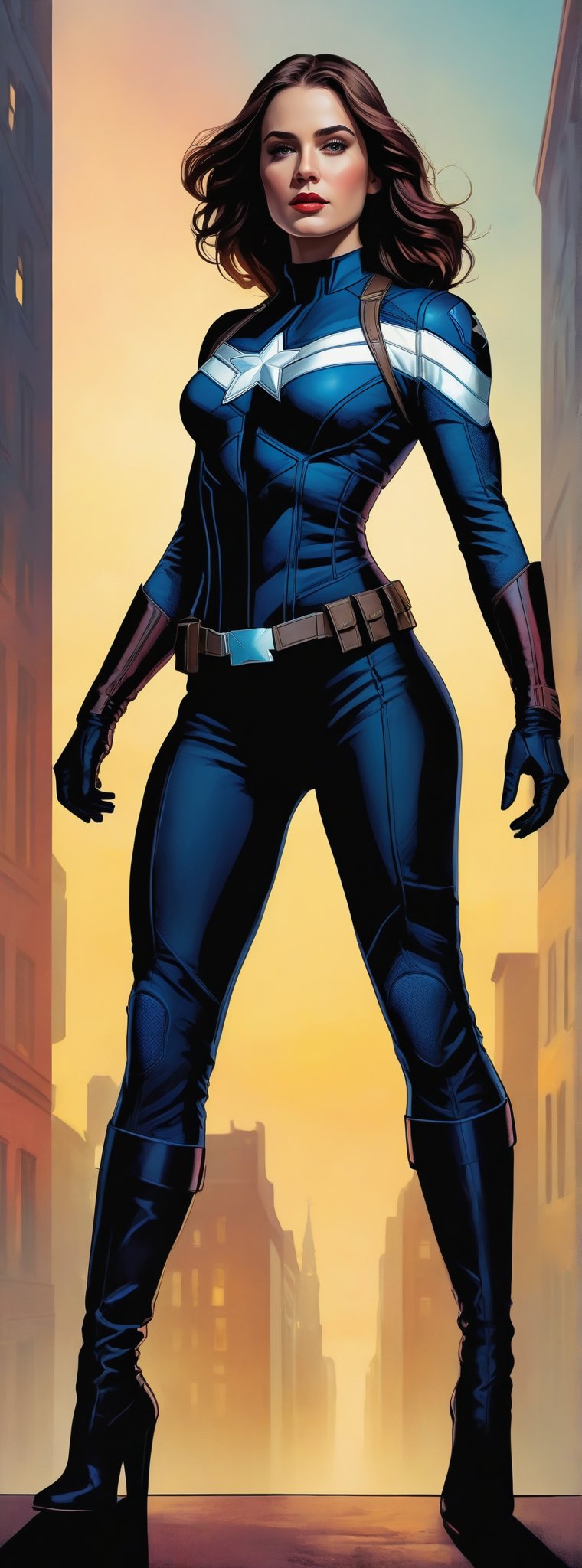 photo realistic, full body (Sarah Jordan), dressed in a very tight Captain America suit, black hair, long wavy hair (tetradic colors), no mask, night city background, inkpunk, full shot, cel-shading style, centered image, ultra detailed illustration, ink lines, strong contours, art nouveau, MSchiffer art, bold strokes, no frame, high contrast, cellular shading, vector, 32k resolution, best quality, procreation, watercolor technique, poster design, 300dpi, soft lighting, ethereal art, mysterious and serene expression, charming atmosphere, bokeh, photography, 8k, dark and dynamic action, pale faded style, dreamy nostalgic, soft focus, dark vignetting, light leaks, medium photography, art painting of shadows, ethereal photography, whimsical and rough grain