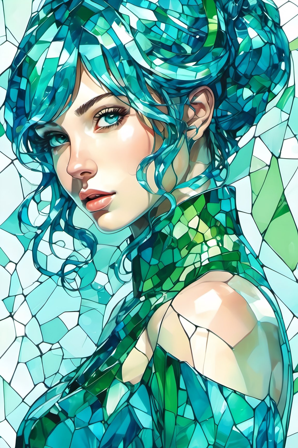  high_resolution, high detail, 1girl, blue and green color, glass art, glass style